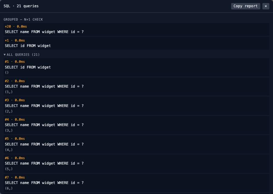 The SQL modal with the full query list expanded